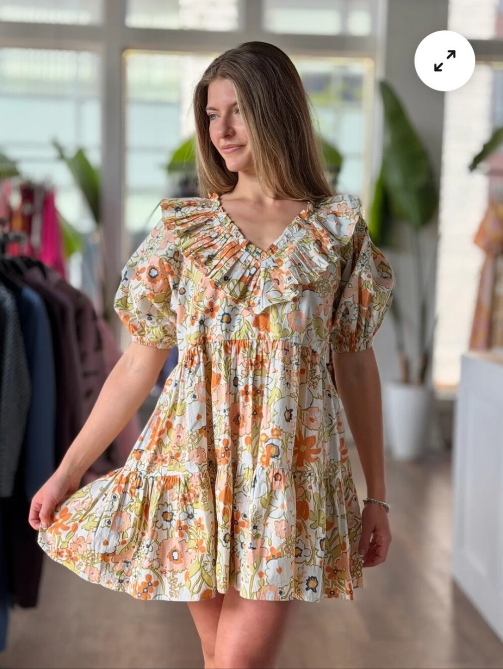 Cleobella Farrah Floral Ruffle V-Neck Puff Sleeve Mini Dress - White & Orange